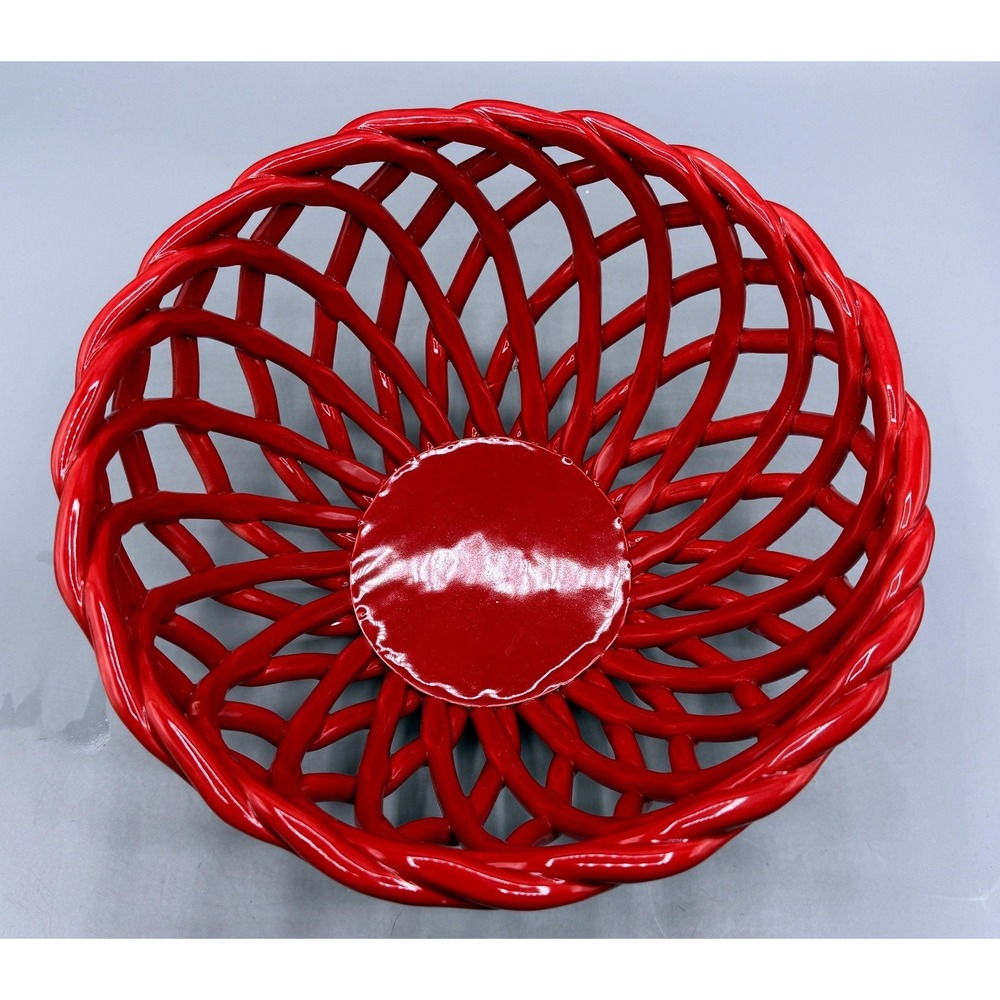 Arlington Designs Red Ceramic Woven Lattice Fruit Basket Bowl Glossy Glaze 9.5in